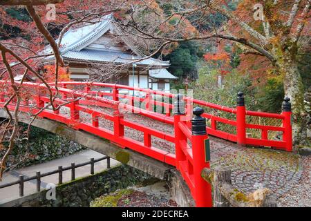 Pont japonais rouge dans le parc près de Minoo Osaka, Japon. Banque D'Images