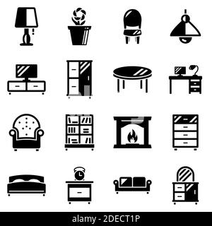 Ensemble d'icônes simples sur un thème mobilier, maison, intérieur, vecteur, design, plat, signe, symbole, objet, illustration. Icônes noires isolées contre le mert Illustration de Vecteur