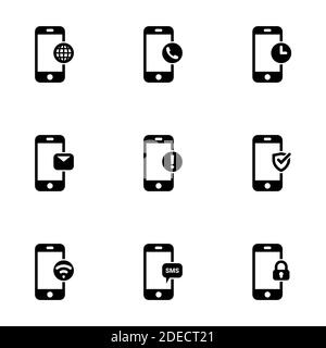 Ensemble d'icônes simples sur un thème téléphone fonctions, fonctionnalité, notification, communication, Internet, message, vecteur, définir. Arrière-plan blanc Illustration de Vecteur