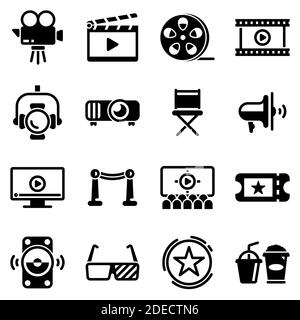 Ensemble d'icônes simples sur un thème Cinéma, théâtre, divertissement, son, moniteur, allée de renommée, éclairage, lumière, vecteur, design, plat, signe, symbole, objet Illustration de Vecteur