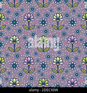 Motif fleuri sans couture, arrière-plan abstrait et coloré. Jolie fleur multicolore avec pétales sur les tiges et feuilles sur fond violet moucheté . Pour Illustration de Vecteur