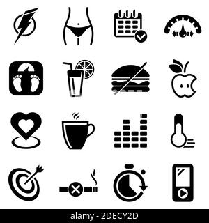 Ensemble d'icônes simples sur un thème régime, sport, santé, vecteur, design, collection, plat, signe, symbole, élément, objet, illustration. Icônes noires isolées Illustration de Vecteur