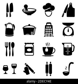 Ensemble d'icônes simples sur un thème ustensiles de cuisine, vecteur, design, collection, plat, signe, symbole, élément, objet, illustration. Icônes noires isolées ag Illustration de Vecteur