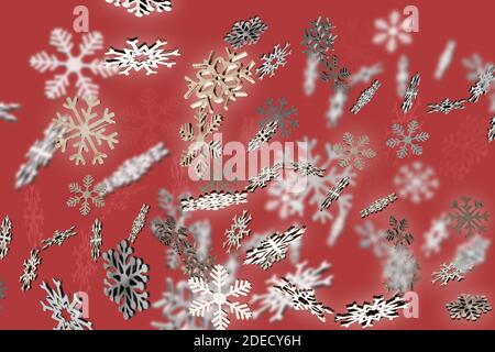 Motif flocons de neige en cristal rouge pour Noël avec flocons de neige en chute Banque D'Images