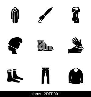 Ensemble d'icônes simples sur un thème vêtements pour hommes, vecteur, design, collection, plat, signe, symbole, élément, objet, illustration, isolé. Fond blanc Illustration de Vecteur