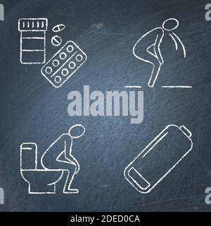 Tableau noir problèmes d'estomac icône en style de ligne. Maladies diarrhéiques symptômes croquis sur le tableau noir - diarrhée, vomissements et fatigue. Vecteur illus Illustration de Vecteur