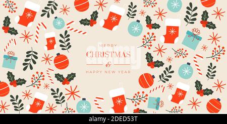 Prospectus de bienvenue pour publicité. Concept de Noël, nouvel an 2021, ambiance d'hiver, vacances. CopySpace, carte postale. Décoration et lettrage isolés sur le fond avec Noël salutation de vacances. Illustration de Vecteur