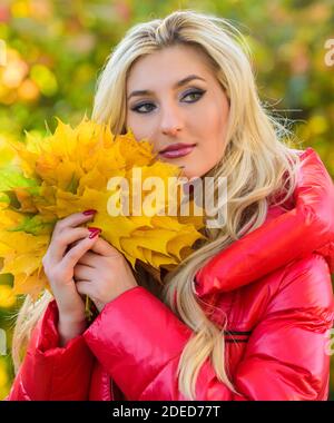 Maquillage pour fille visage rêveur tenir bouquet de feuilles d'érable. Dame posant avec des feuilles automne nature fond. Concept de la saison préférée de l'automne. L'automne est sa saison préférée de l'année. Femme marchant dans le parc d'automne. Banque D'Images