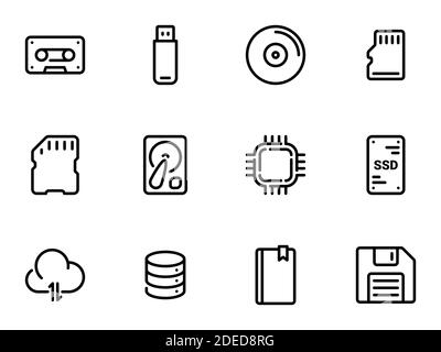 Ensemble d'icônes vectorielles noires, isolées sur fond blanc, sur le thème stockage de données Illustration de Vecteur