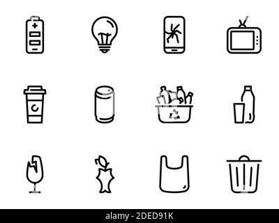 Ensemble d'icônes vectorielles noires, isolées sur fond blanc, sur le thème de la séparation des déchets domestiques et du tri des déchets Illustration de Vecteur