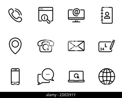 Ensemble d'icônes vectorielles noires, isolées sur fond blanc. Illustration sur un thème Contactez-nous Illustration de Vecteur