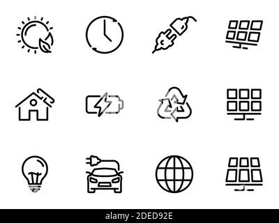 Ensemble d'icônes vectorielles noires, isolées sur fond blanc, sur le thème énergie solaire Illustration de Vecteur