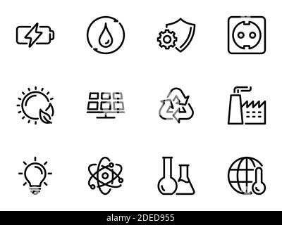 Ensemble d'icônes vectorielles noires, isolées sur fond blanc, sur le thème énergie environnementale et production de batteries lithium-ion Illustration de Vecteur