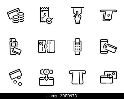 Ensemble d'icônes vectorielles noires, isolées sur fond blanc. Illustration sur un thème paiement par carte et espèces Illustration de Vecteur