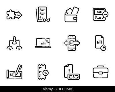 Ensemble d'icônes vectorielles noires, isolées sur fond blanc. Illustration sur un thème instruments fiscaux et paiements Illustration de Vecteur