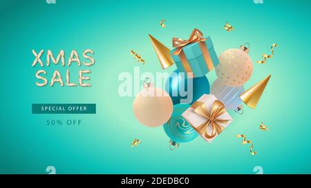 Modèle de bannière Noël et nouvel an. Boîte de cadeaux de rendu 3d réaliste, boules de Noël et cônes d'or volent. Arrière-plan de la vente de Noël Illustration de Vecteur