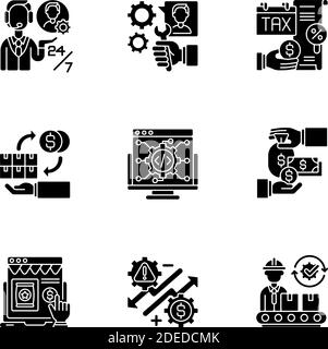 Icônes de glyphe noir de gestion d'entreprise définies sur un espace blanc Illustration de Vecteur