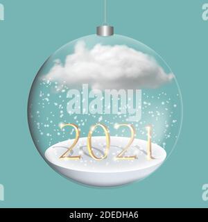 Bonne année 2021. Numéro en métal doré dans une boule en verre avec neige et nuage, décorations de Noël. Fête de célébration 2021. Affiche de Noël, bannière Illustration de Vecteur