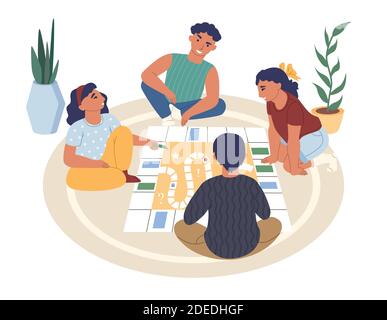 Amis, enfants, adolescents jouant à un jeu de société assis sur le sol, illustration vectorielle plate. Activités de loisirs à la maison. Illustration de Vecteur