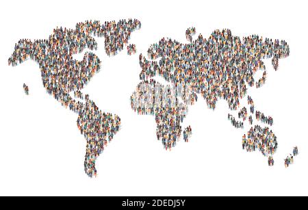 Grand groupe de personnes formant la carte du monde debout ensemble, illustration vectorielle plate. Population, communauté terrestre. Illustration de Vecteur
