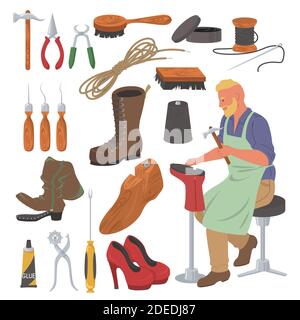 Ensemble de cordonniers, illustration à vecteur plat isolée. Outils de réparation de chaussures, fournitures et accessoires pour cordonnier. Illustration de Vecteur