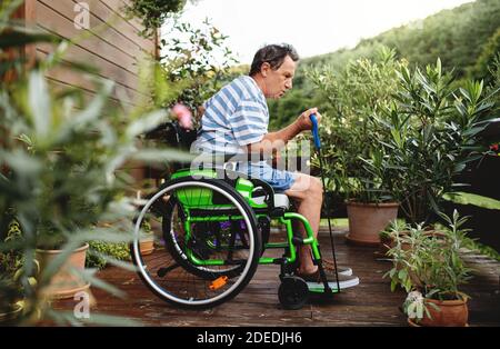 Homme senior en fauteuil roulant faisant de l'exercice sur la terrasse. Banque D'Images