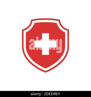 Icône de blindage et de vecteur transversal médical. Symbole de médecine ou d'hôpital en rouge et blanc. Illustration de Vecteur