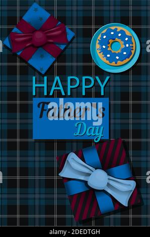 Vue de dessus d'un arrière-plan avec des cadeaux. L'inscription est le jour du père heureux. Carte de vœux pour le jour du défenseur, journée internationale des hommes. Illustration lumineuse et brutale pour la bannière, le site Web ou la publicité des hommes. Illustration vectorielle de style plat avec coeurs, guirlandes et salutations Illustration de Vecteur