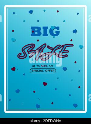 Affiche publicitaire pour la grande vente . Bannière pour les remises et les cadeaux. Une affiche avec une inscription et une offre spéciale du magasin. Publicité en tons bleus pour les fêtes, le nouvel an ou la saison des ventes. Boutique en ligne avec livraison à domicile. Illustration vectorielle. Illustration de Vecteur