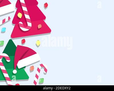 Vue de dessus des décorations de Noël avec espace pour les copies. Décorations boule de Noël et chapeau de père Noël avec bonbons sur fond blanc. Fond de fête pour gre Illustration de Vecteur