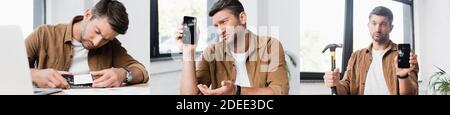 Collage d'un homme tenant un smartphone et un marteau brisés, regardant l'écran tactile endommagé et mettant la batterie dans le téléphone mobile, la bannière Banque D'Images