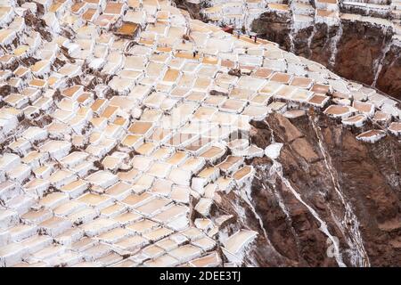 Vue aérienne des mines de sel de Salineras de Maras, Vallée Sacrée, Pérou Banque D'Images