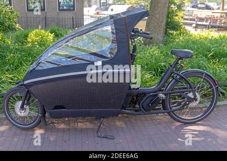 Vue latérale du vélo électrique avec cabine pour le transport des enfants Banque D'Images