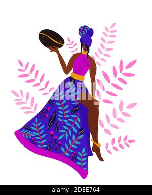 Une femme non identifiée cultivateur de café récolte du café. Femme noire en robe dynamique. Illustration de Vecteur