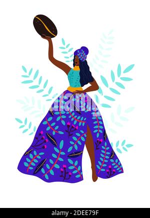 Une femme non identifiée cultivateur de café récolte du café. Femme noire en robe dynamique. Illustration de Vecteur