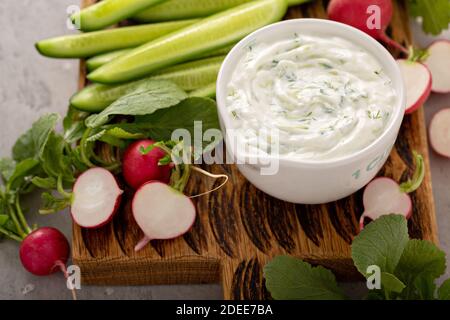 Sauce ou sauce au tzatziki avec légumes frais Banque D'Images