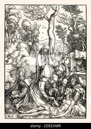 La Lamentation du Christ, Beweinung Christi, par Albrecht Dürer, 1498 ans, restauré numériquement Banque D'Images