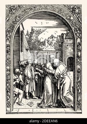 DAS Marienleben, Begegnung am Goldenen Tor, vie de la Vierge, rencontre au Golden Gate, par Albrecht Dürer, 1504, restauré numériquement Banque D'Images