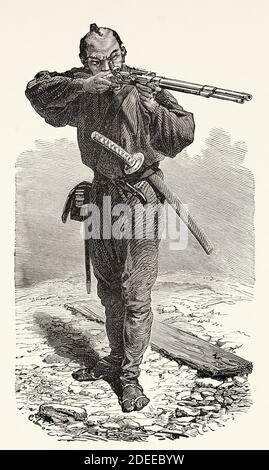 Soldat Taykun, Japon. Ancienne illustration gravée du XIXe Voyage au Japon par aime Humbert de El Mundo en la Mano 1879 Banque D'Images