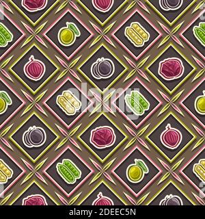 Motif vectoriel sans couture de légumes, fond carré répété, illustrations isolées de légumes d'été sur fond marron, patt sans couture de diamants Illustration de Vecteur