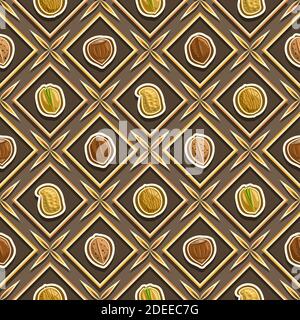 Motif sans couture Vector Nut, fond carré répété Nut, illustrations isolées de noix exotiques sur fond marron, motif sans couture Diamond avec Illustration de Vecteur