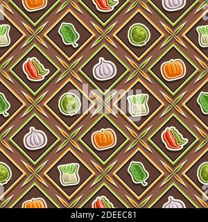 Motif vectoriel sans couture de légumes, fond carré répété, illustrations isolées de légumes d'été sur fond marron, patt sans couture de diamants Illustration de Vecteur