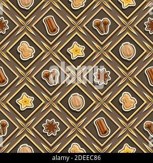 Vector Spice Seamless Pattern, fond carré à épices répétées, illustrations isolées d'épices exotiques sur fond marron, patter sans diamant Illustration de Vecteur