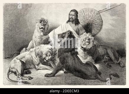 Tewodros II Tewodros tenant le public entouré de lions. Théodore II c 1818 à 1868, Empereur d'Ethiopie. Ancien XIXe siècle gravé, récit d'un voyage à travers l'Abyssinie par Guillaume Lejean d'El Mundo en la Mano 1879 Banque D'Images