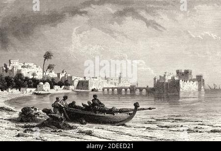 Pêcheurs et bateaux de pêche la plage du port nord de Sidon au Liban. Ancienne illustration gravée du XIXe Voyage à Jérusalem par Alphonse de Lamartine de El Mundo en la Mano 1879 Banque D'Images