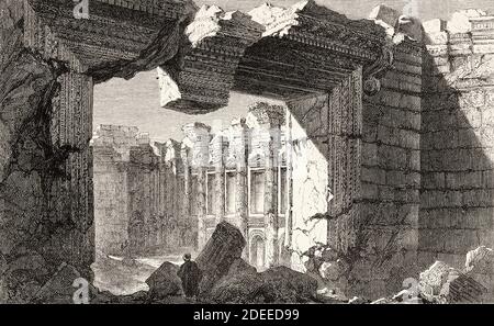 Le Grand Temple de Baalbec, Héliopolis, Égypte. Ancienne illustration gravée du XIXe Voyage à Jérusalem par Alphonse de Lamartine de El Mundo en la Mano 1879 Banque D'Images