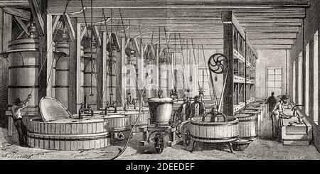 Atelier de purification d'amalgames d'argent, usine de Gould et Curry au Nevada, États-Unis d'Amérique. Ancienne illustration gravée du XIXe siècle. Voyage de Washington à San Francisco par Louis Laurent Simonin de El Mundo en la Mano 1879 Banque D'Images