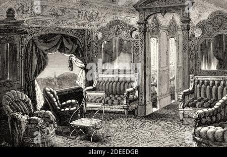 Intérieur d'un chemin de fer Pullman Palace, Etats-Unis d'Amérique. Ancienne illustration gravée du XIXe siècle. Voyage de Washington à San Francisco par Louis Laurent Simonin de El Mundo en la Mano 1879 Banque D'Images