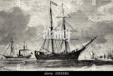 Le Hansa Schooner. Ancienne illustration gravée du XIXe siècle. Deuxième expédition polaire Nord allemande en 1869 de El Mundo en la Mano 1879 Banque D'Images