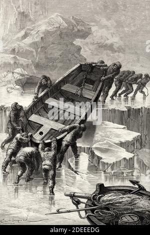 L'équipage de la Hansa transportant les bateaux à l'eau libre et s'échappant de la glace. Ancienne illustration gravée du XIXe siècle. Deuxième expédition polaire Nord allemande en 1869 de El Mundo en la Mano 1879 Banque D'Images